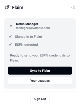Flaim ESPN connector ready to sync, showing the example Demo Manager account signed in and ESPN detected