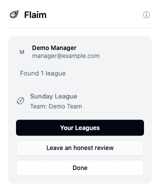 Flaim ESPN connector after a confirmed sync, showing the example Sunday League and Your Leagues button