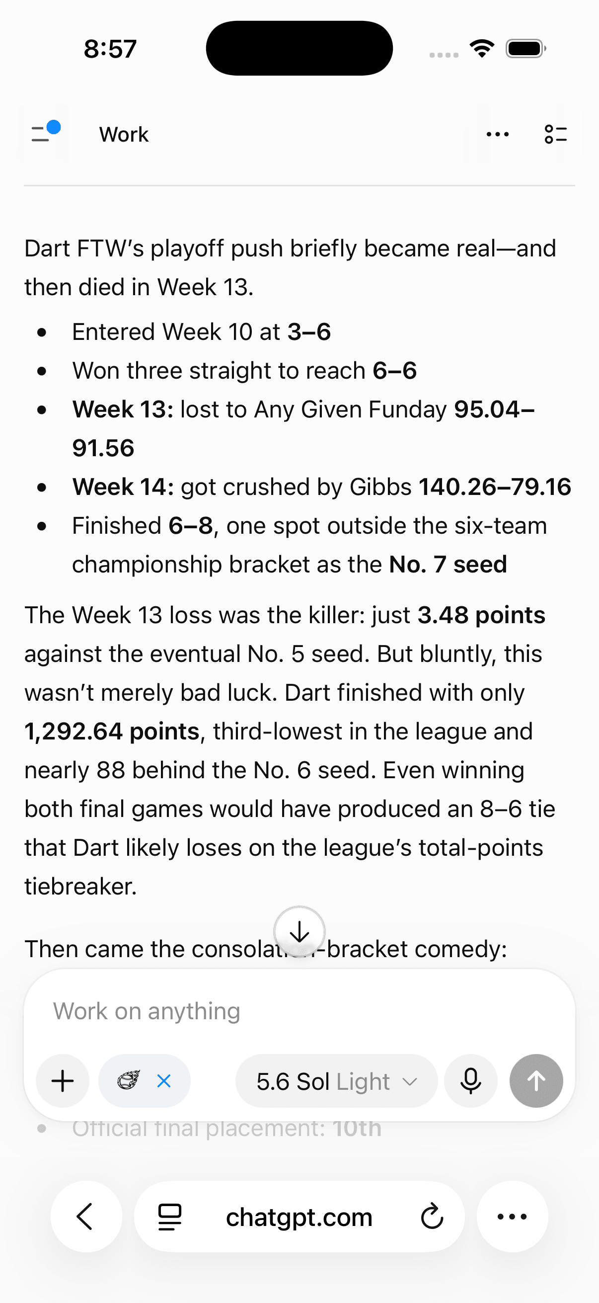 ChatGPT using Flaim to explain what happened to Dart FTW's fantasy football playoff push.