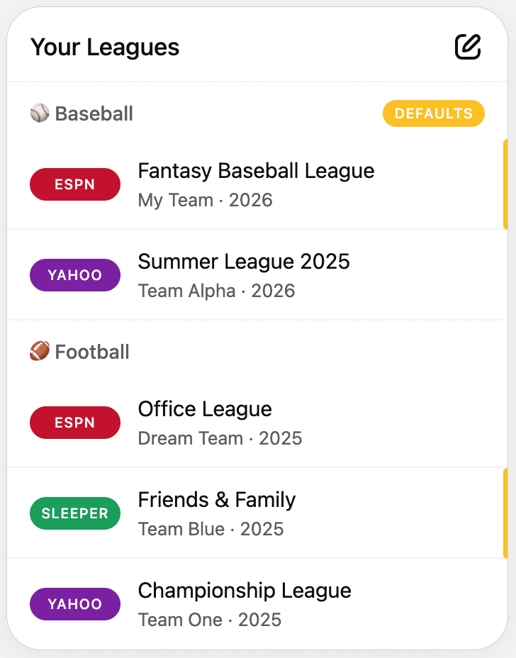 Flaim showing connected ESPN, Yahoo, and Sleeper fantasy football leagues.