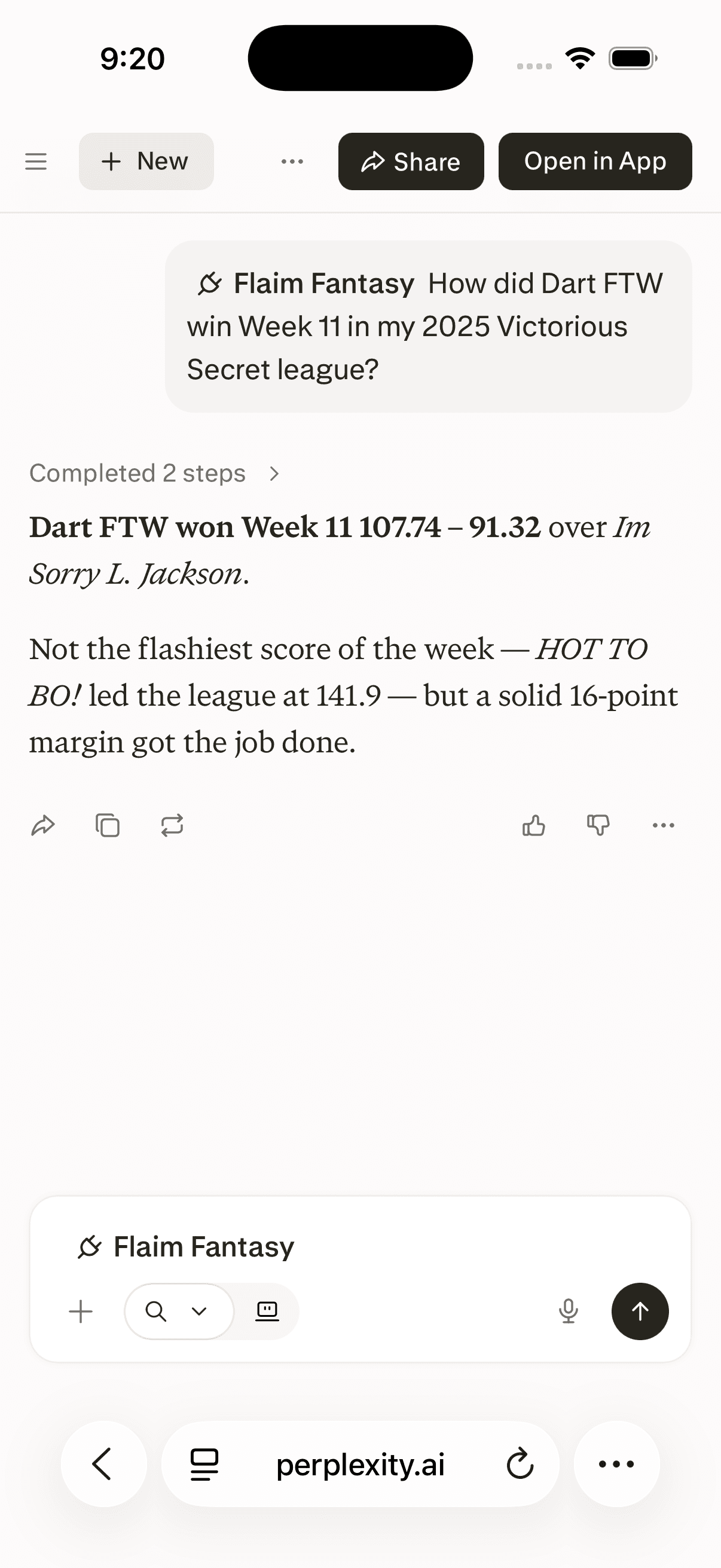 Perplexity using Flaim to explain how Dart FTW won its Week 11 fantasy football matchup.