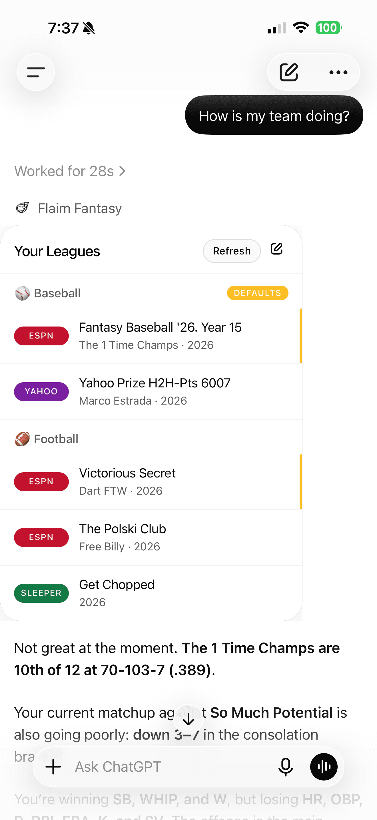 ChatGPT answering How is my team doing? with Flaim Fantasy using a connected ESPN baseball league.